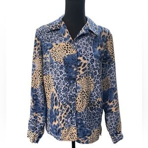 DONNKENNY Petite Vintage Leopard Print Button Down Blouse